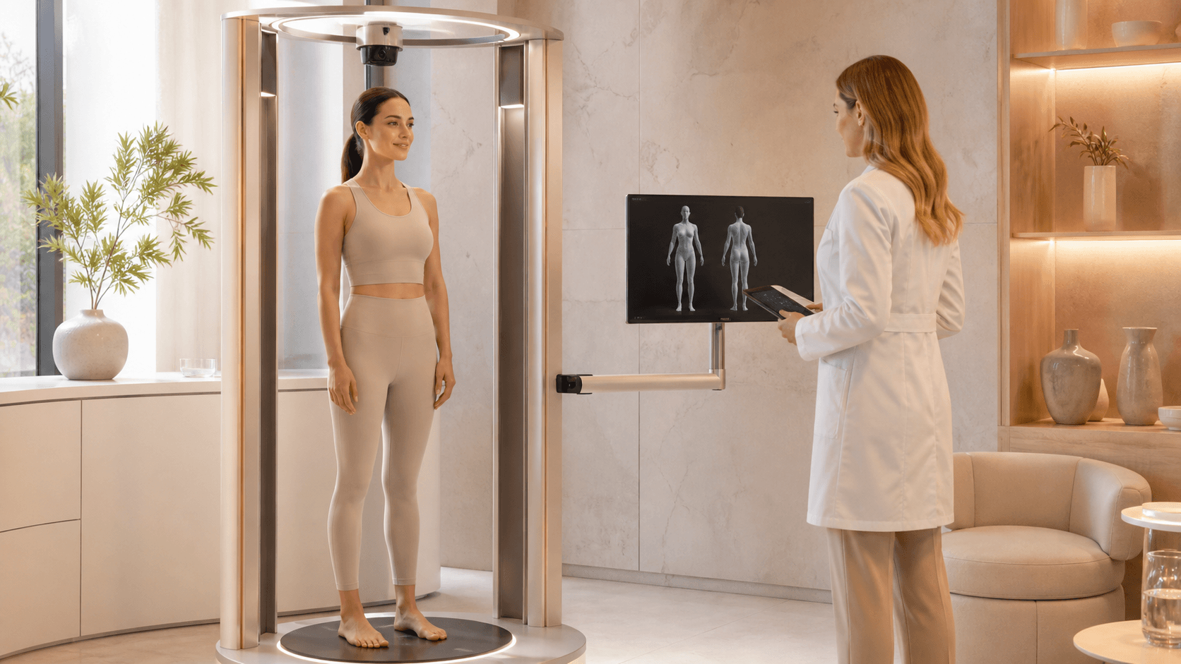 Modern clinic treatment room with a body contouring device beside a softly lit examination bed.