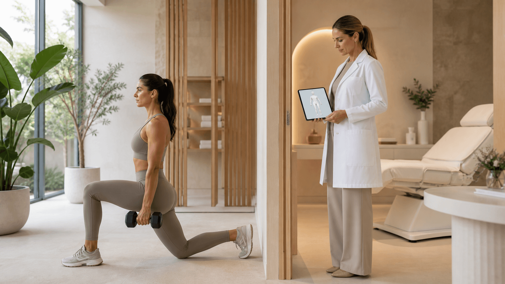 Split graphic showing a fit woman exercising beside an EMSculpt NEO body contouring device in a bright clinic.