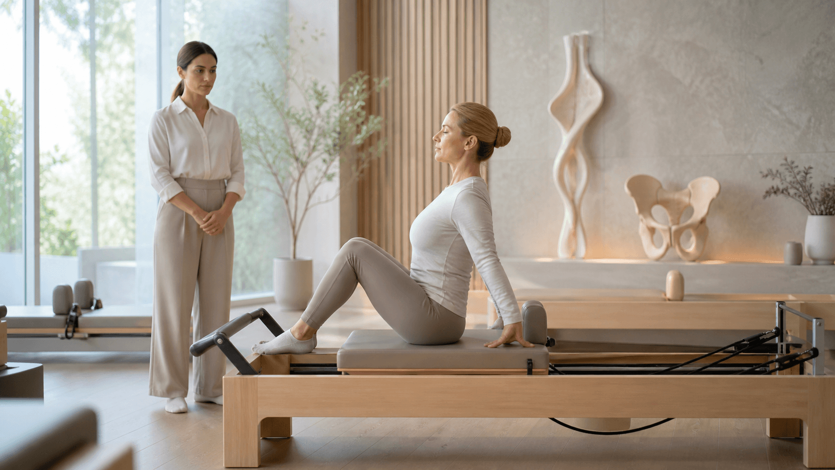 Woman seated on a modern treatment chair beside a pelvic anatomy illustration in a bright clinical room.