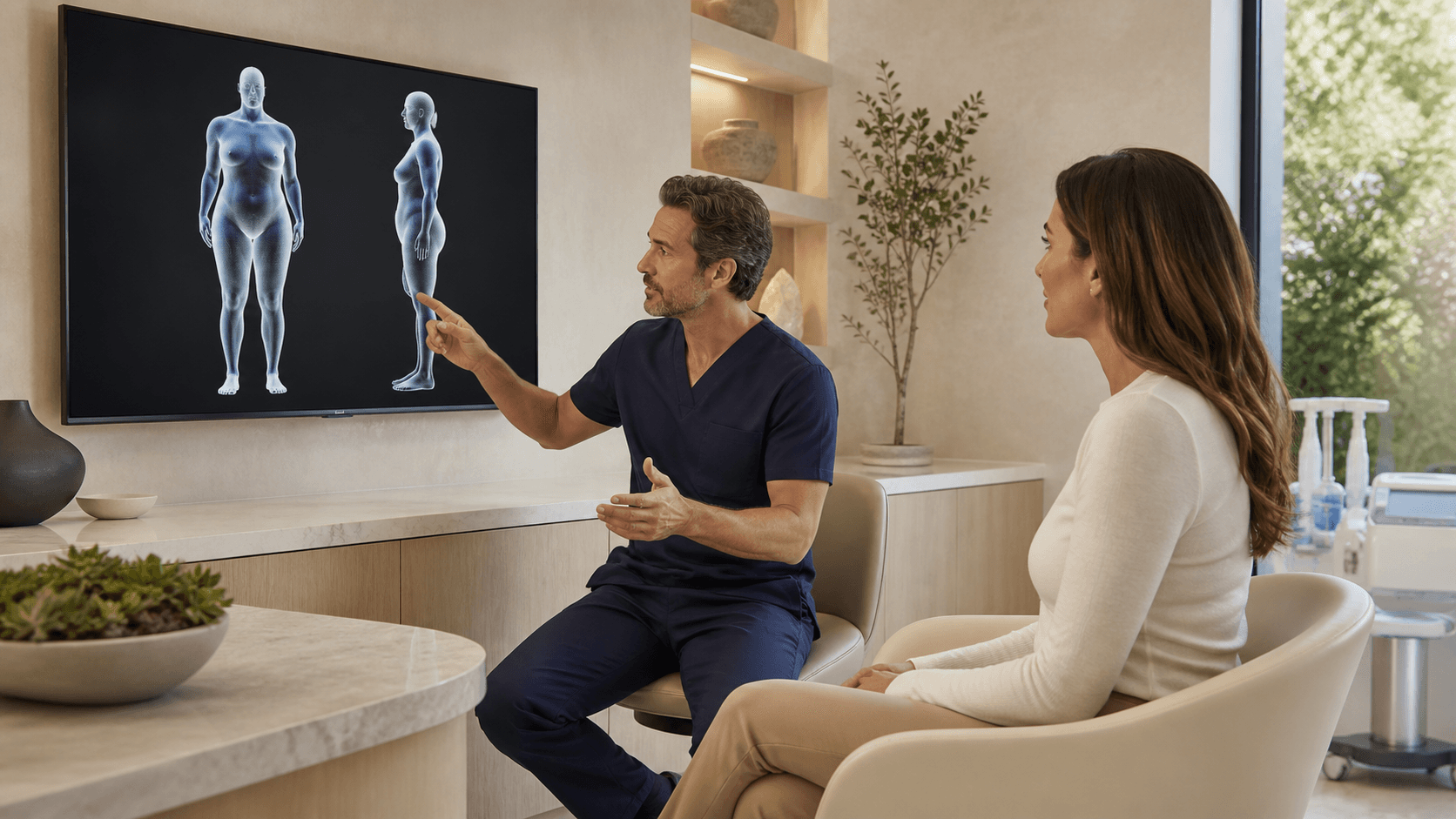 Clinician reviews a body contouring scan on a tablet beside a modern treatment device in a bright white room.