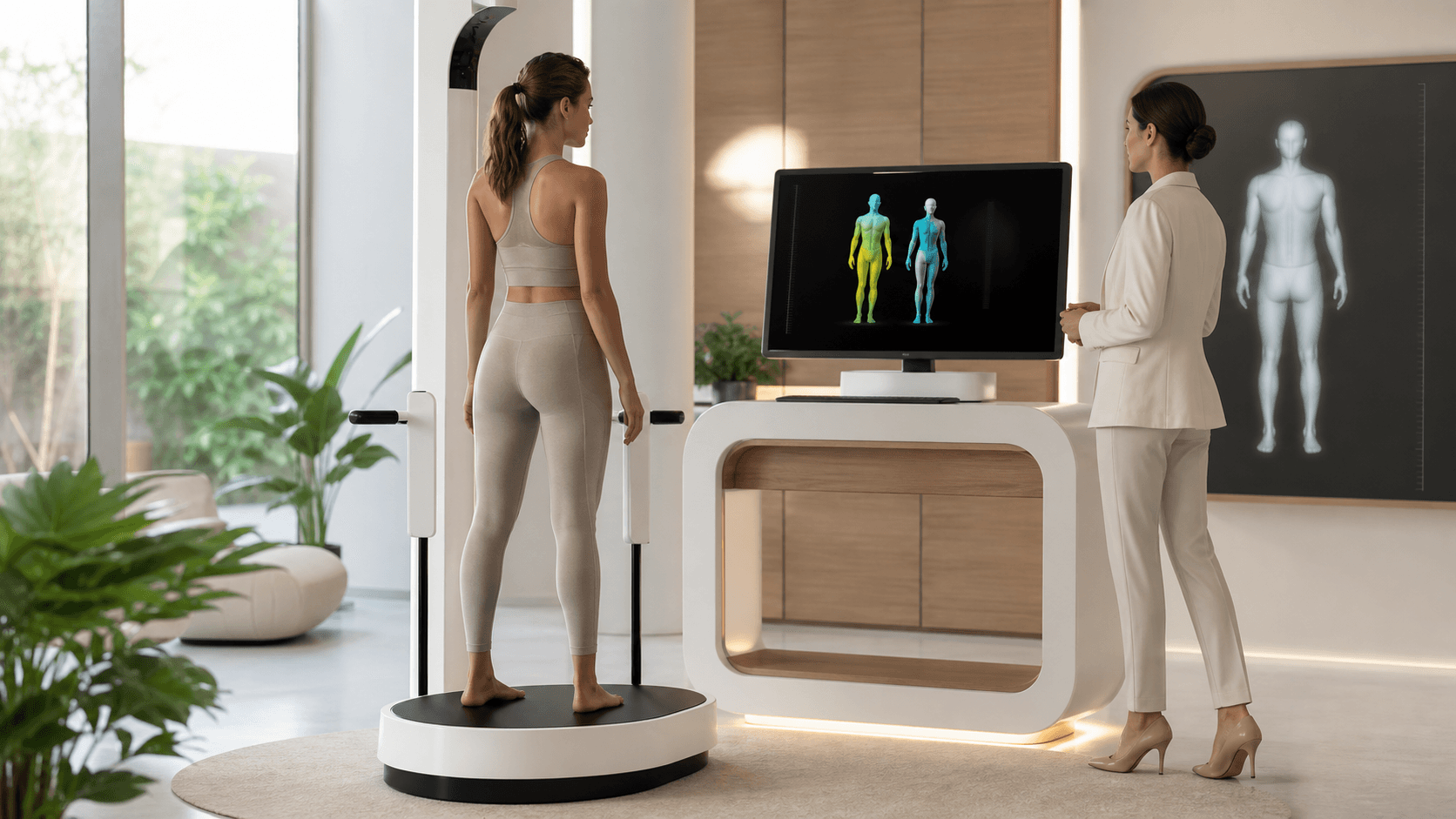 Blue-toned body composition scan display with a standing human silhouette and colorful health metrics.